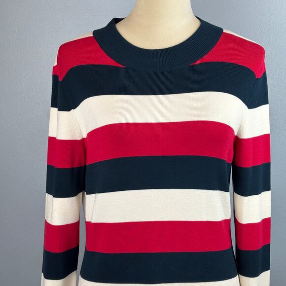 Loft Red White Blue Striped Dress Ribbed Flutter Bell Sleeves Ruffle Bottom New - Picture 3 of 13